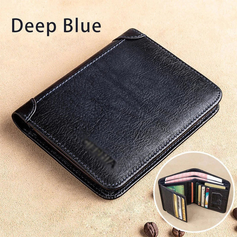 Couro genuíno Rfid Carteiras de Proteção para Homens Vintage Thin Short Multi Function ID Credit Card Holder Money Bag