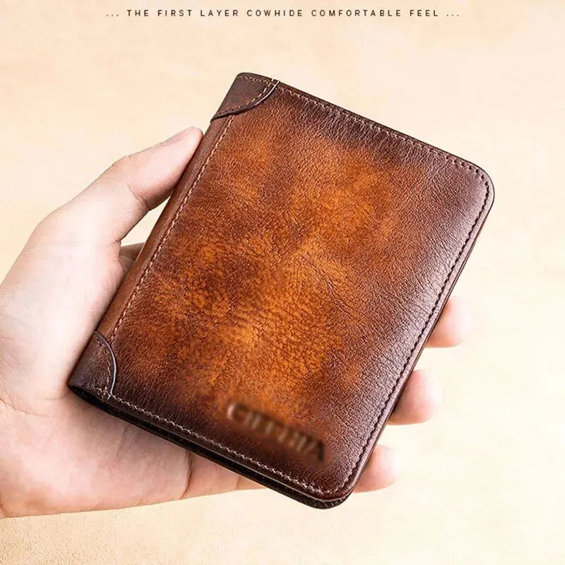 Couro genuíno Rfid Carteiras de Proteção para Homens Vintage Thin Short Multi Function ID Credit Card Holder Money Bag