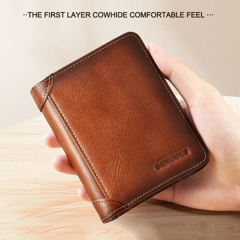 Couro genuíno Rfid Carteiras de Proteção para Homens Vintage Thin Short Multi Function ID Credit Card Holder Money Bag