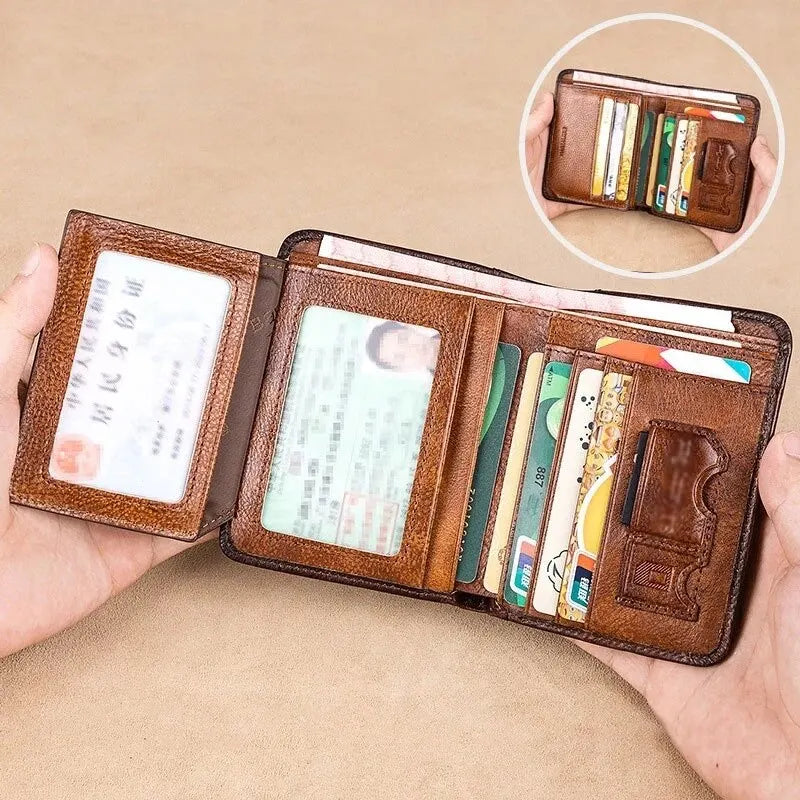 Couro genuíno Rfid Carteiras de Proteção para Homens Vintage Thin Short Multi Function ID Credit Card Holder Money Bag