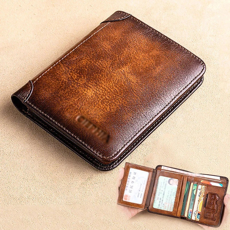 Couro genuíno Rfid Carteiras de Proteção para Homens Vintage Thin Short Multi Function ID Credit Card Holder Money Bag