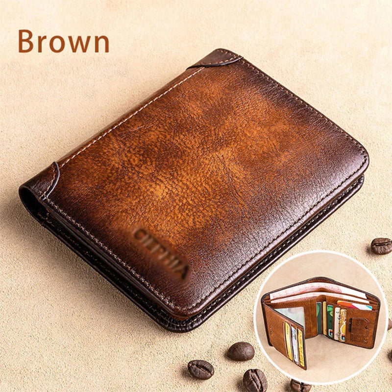 Couro genuíno Rfid Carteiras de Proteção para Homens Vintage Thin Short Multi Function ID Credit Card Holder Money Bag