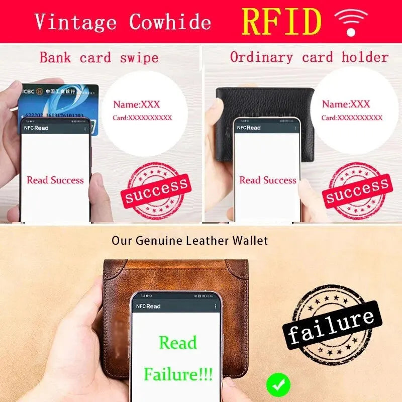 Couro genuíno Rfid Carteiras de Proteção para Homens Vintage Thin Short Multi Function ID Credit Card Holder Money Bag