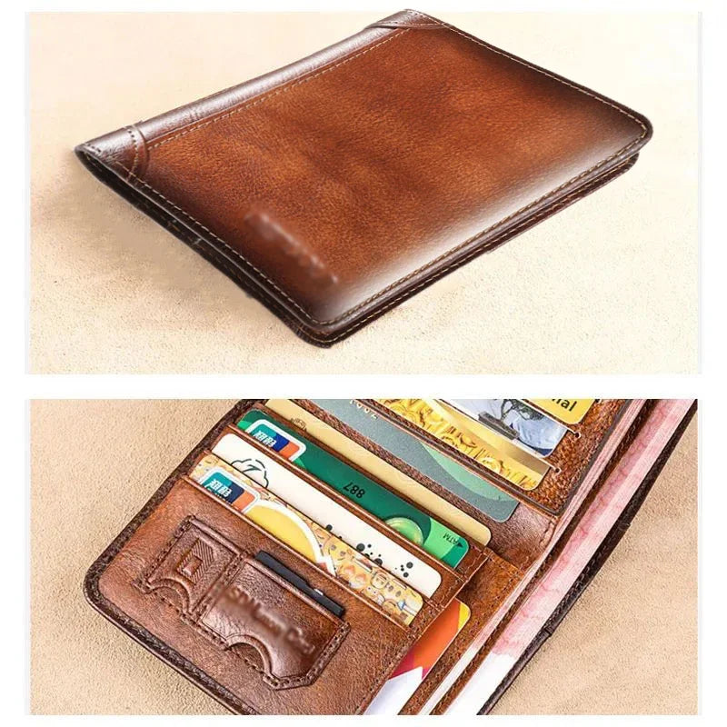 Couro genuíno Rfid Carteiras de Proteção para Homens Vintage Thin Short Multi Function ID Credit Card Holder Money Bag