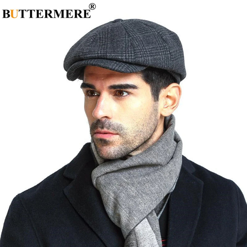 Boné de jornaleiro masculino arenque de lã BUTTERMERE, boné liso cinza Tweed, boina masculina vintage britânica, chapéus de lã outono e inverno