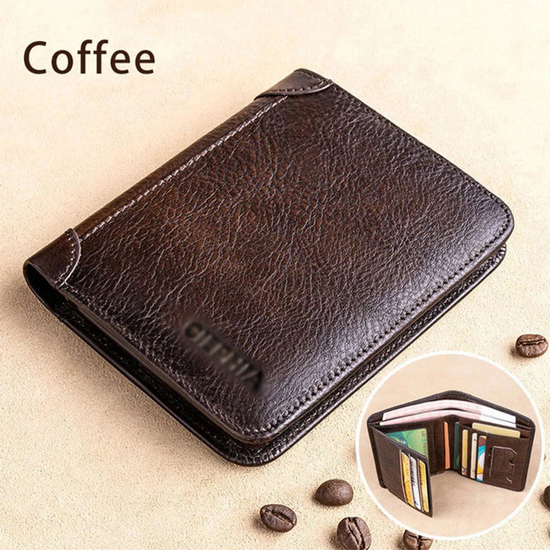 Couro genuíno Rfid Carteiras de Proteção para Homens Vintage Thin Short Multi Function ID Credit Card Holder Money Bag