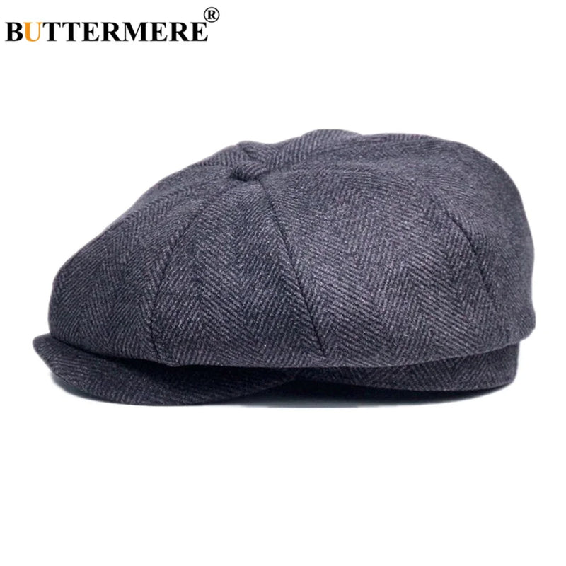 Boné de jornaleiro masculino arenque de lã BUTTERMERE, boné liso cinza Tweed, boina masculina vintage britânica, chapéus de lã outono e inverno